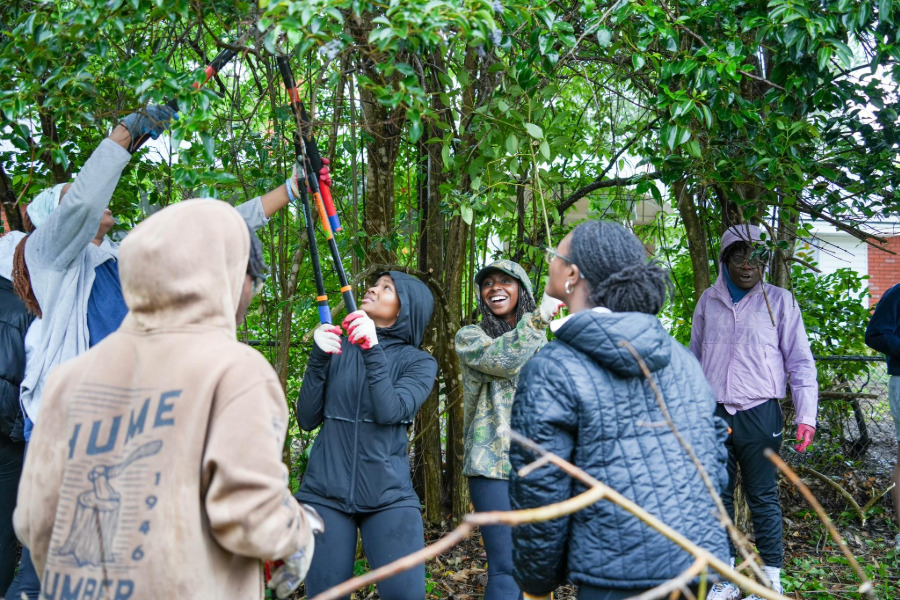 A group of students doing yardwork together